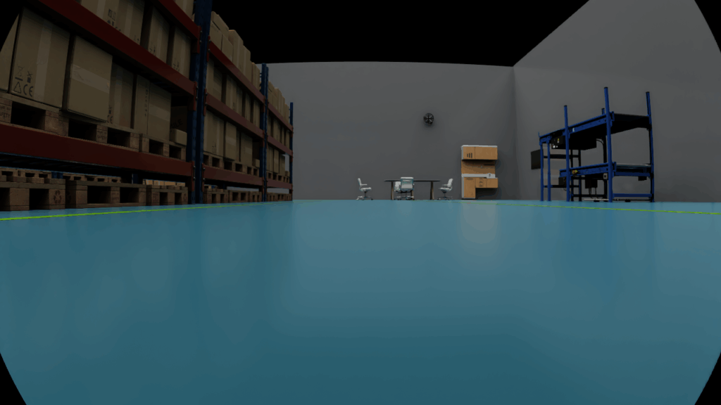 A wide view of a warehouse interior with stacked pallets on shelves to the left, some boxes and racks to the right, and a few chairs and tables in the center on a shiny blue floor.