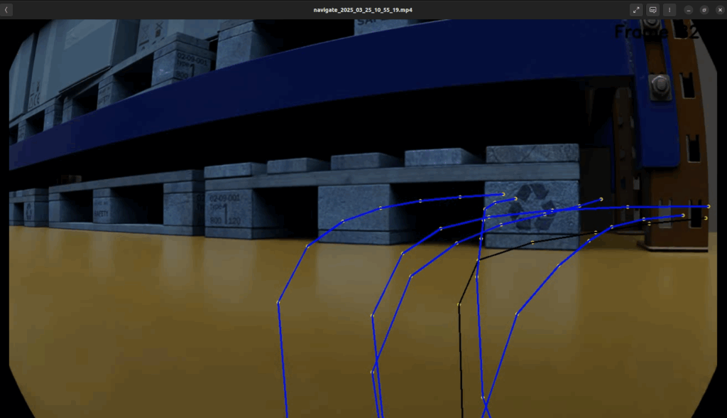A warehouse shelf with stacked pallets, viewed from a low angle. Blue lines and points are overlaid, possibly indicating object tracking or path analysis on a yellow floor.