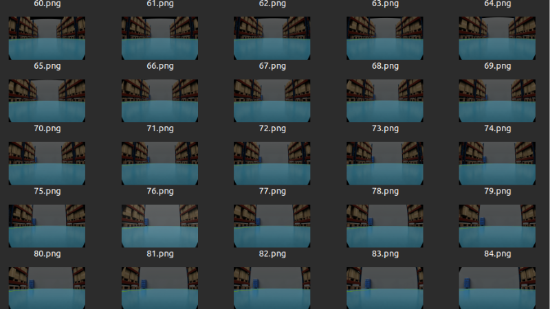 A computer screen displays rows of image thumbnails labeled with numbered filenames, each showing a similar scene of shelves and a large blue area in the foreground.