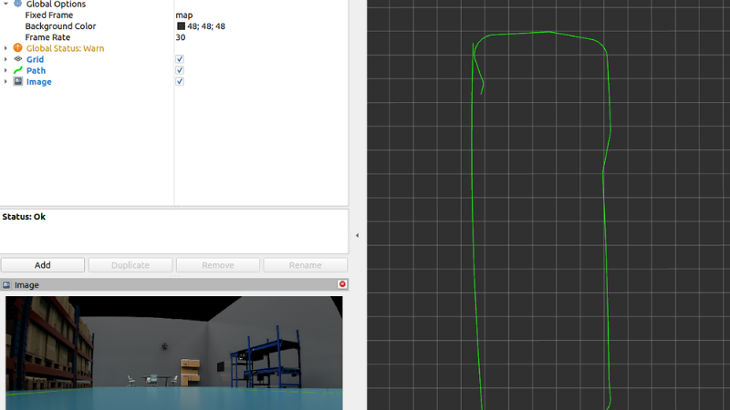 A computer interface shows a 3D warehouse scene at the bottom left and a black grid with a green path outline on the right, indicating navigation or mapping software in use.