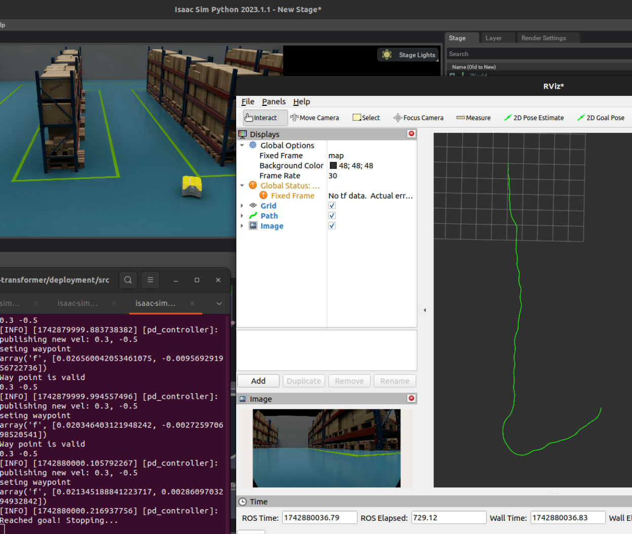 A computer screen displays a warehouse simulation with shelves, a terminal running code, and a robot navigation path visualized on a grid in robotics software.