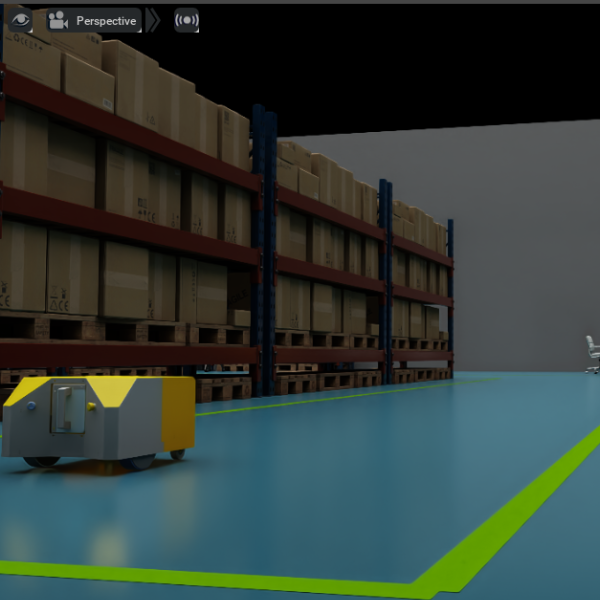 A small yellow robotic vehicle moves along a blue floor in a warehouse, passing tall shelves stacked with cardboard boxes and wooden pallets under artificial lighting.