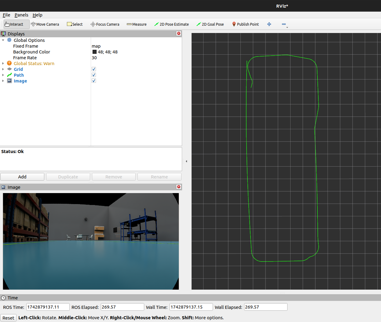 A computer interface displays a 3D simulation with a grid, a room containing shelves and boxes, and a green line outlining a path or boundary on the right. Multiple control panels and options are visible.