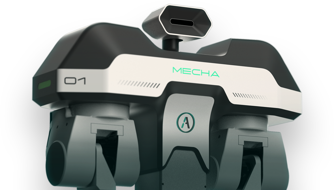 A close-up of a futuristic black and white robot named MECHA, featuring a central sensor, the label 01, and mechanical arms. The design is sleek and modern with teal accents.