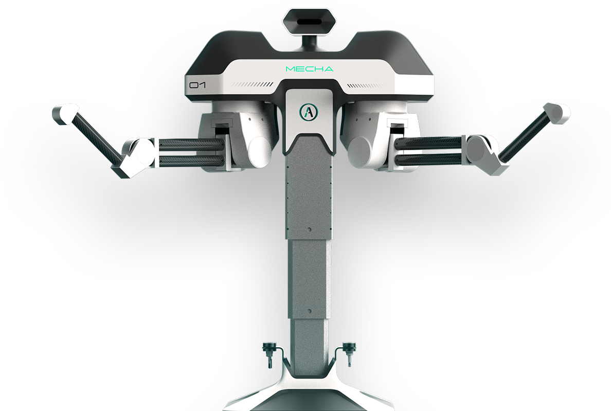 A modern surgical robot with two extended mechanical arms, labeled MECHA D1, features a sleek white and gray design and stands upright against a plain background.