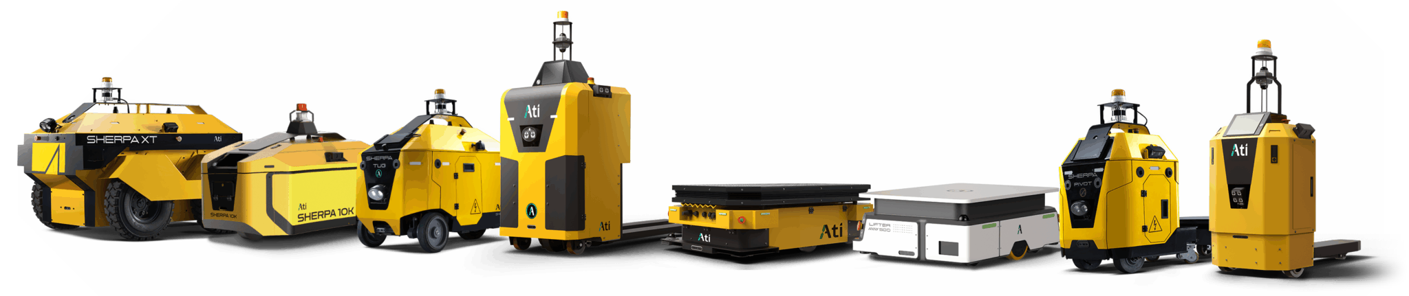 A lineup of various yellow robotic vehicles and automated guided machines, each with different shapes and sizes, designed for industrial or warehouse use, positioned in a row on a white background.